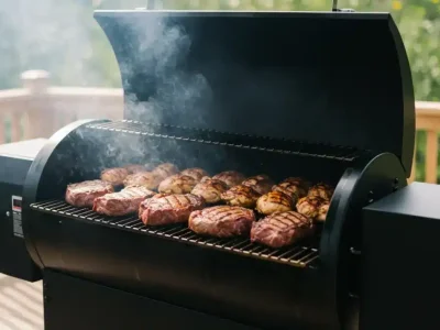 Pellet grill cooking meat and vegetables with flavorful smoke.