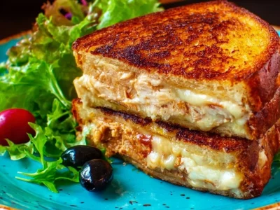 Delicious tuna melt sandwich with melted cheese and toasted bread