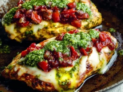 Delicious Pesto Bruschetta Chicken served on a plate with fresh basil and tomatoes