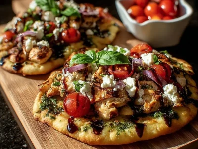 Pesto Chicken Flatbread with fresh basil and cheese on a wooden board