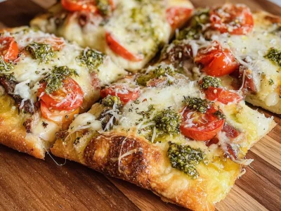 Delicious Pesto Chicken Pizza topped with fresh basil and grilled chicken