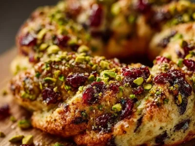 Pistachio Cranberry Wreath Cookies arranged on a decorative plate