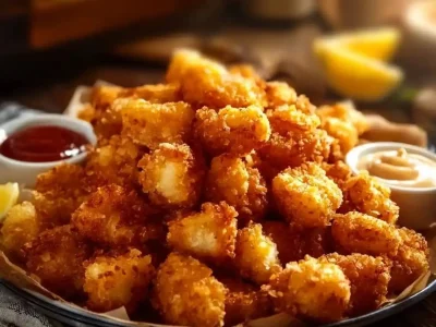 Crispy popcorn chicken served with dipping sauce on a platter