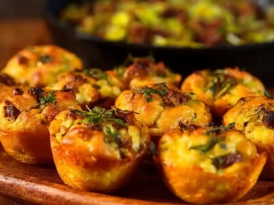 Potato muffins topped with herbs and cheese, served golden brown on a wooden tray.