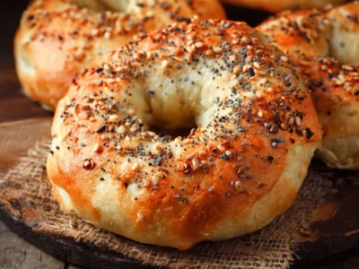 Delicious protein-packed bagels on a wooden table with toppings.