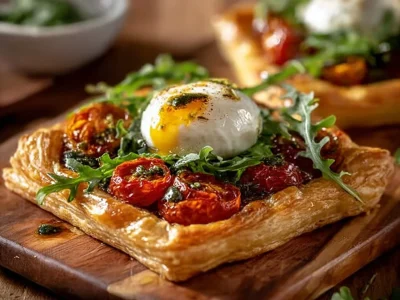 Puff pastry tomato tart with fresh tomatoes and herbs on a wooden table