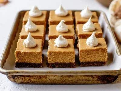 Delicious pumpkin cheesecake bars with gingersnap crust on a dessert plate.