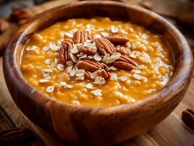 Bowl of pumpkin spice oatmeal garnished with cinnamon and pumpkin seeds