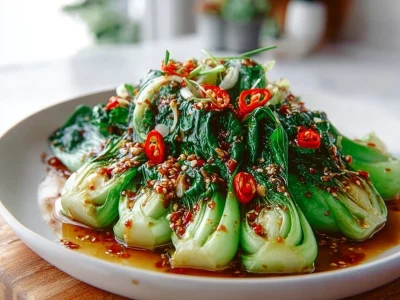 Quick Bok Choy stir-fried with ginger chili sauce in a bowl