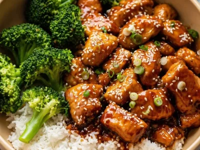 Honey Garlic Chicken Bowls with tender chicken, rice, and broccoli in sticky garlic sauce.
