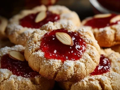 Raspberry Almond Shortbread Thumbprint Cookies on a white plate