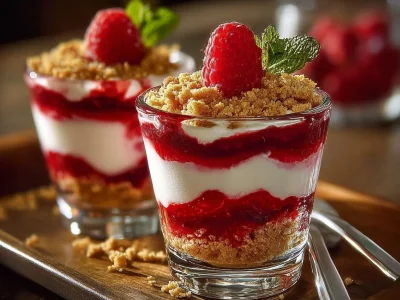 Delicious raspberry cheesecake parfaits in dessert glasses topped with fresh raspberries.