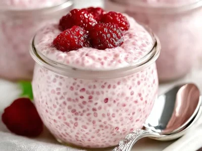 Delicious raspberry chia pudding with fresh raspberries and chia seeds.