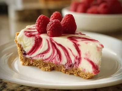 Raspberry Swirl No-Bake Cheesecake with a rich and creamy texture