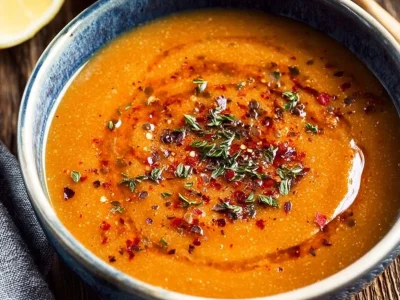 A warm bowl of Red Lentil Turkish Soup garnished with herbs and spices.