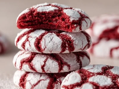 Baked Red Velvet Crinkle Cookies with a dusting of powdered sugar