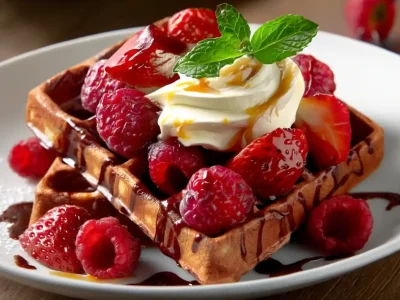 Red Velvet Marble Waffles topped with whipped cream, strawberries, raspberries, caramel drizzle, and a mint leaf