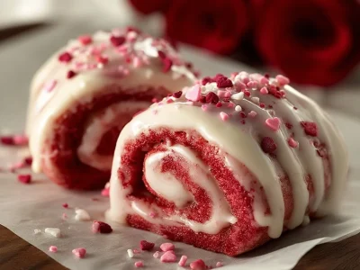 Delicious Red Velvet Valentine's Day cinnamon rolls, drizzled with cream cheese icing.