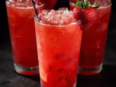 A glass of refreshing vanilla strawberry iced tea with ice and fresh fruit garnish.