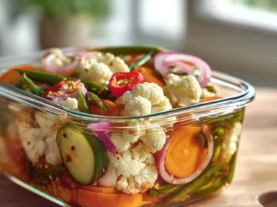 Crunchy tangy refrigerator pickled vegetables in a jar.