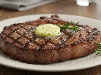 Thick-cut, perfectly seared steak on a white ceramic plate with butter drizzle and fresh rosemary.
