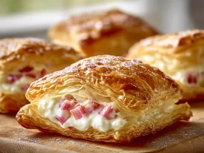 Rhubarb and cream cheese puff pastry topped with icing on a rustic wooden table