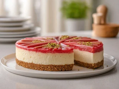 Delicious homemade rhubarb cheesecake on a plate with fresh rhubarb garnish.