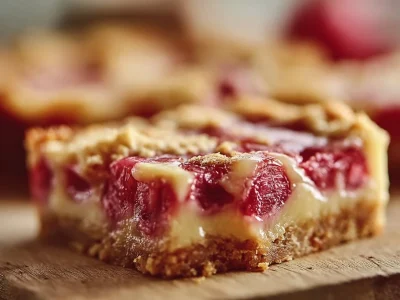 Delicious homemade rhubarb custard bars on a wooden table