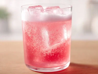Homemade rhubarb soda in a glass with ice and a slice of lemon