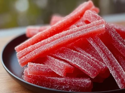 Rhubarb sour belts candy in a fun, colorful display.