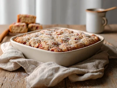 Rhubarb Sour Cream Coffee Cake topped with a crunchy streusel topping