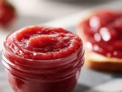 Homemade strawberry rhubarb butter in a jar with fresh strawberries and rhubarb
