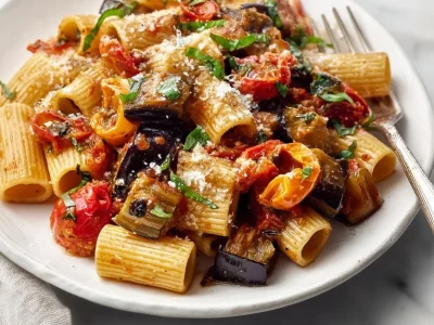 Bowl of roasted eggplant pasta topped with fresh herbs and Parmesan cheese.