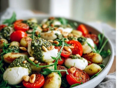 Roasted gnocchi salad topped with basil pesto and fresh vegetables