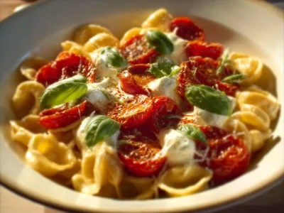 Plate of roasted tomato and garlic ricotta pasta topped with fresh herbs