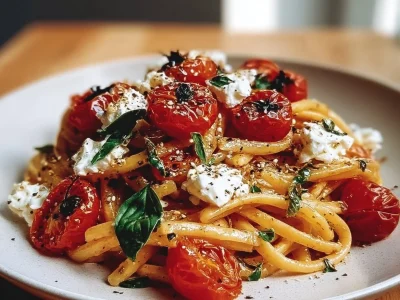 A plate of delicious roasted tomato garlic pasta garnished with fresh herbs.