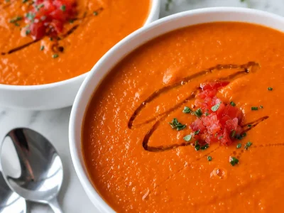Bowl of roasted tomato and white bean soup topped with fresh herbs.
