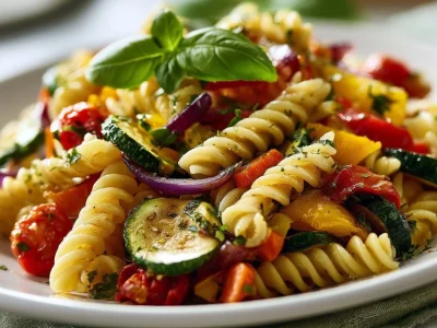 Delicious roasted vegetable pasta served in a bowl garnished with fresh herbs