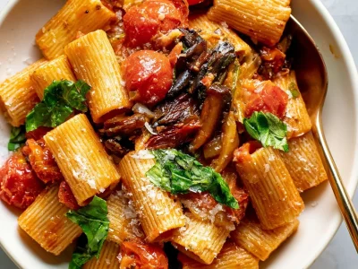 Roasted veggie pasta with mushrooms in a colorful dish