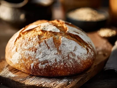 Loaf of rustic whole wheat bread with a golden crust on a wooden board.