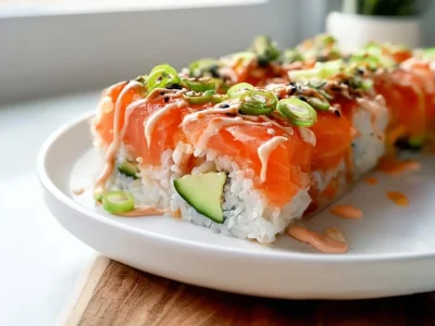 Baked salmon sushi served in a dish, topped with avocado and sauce.