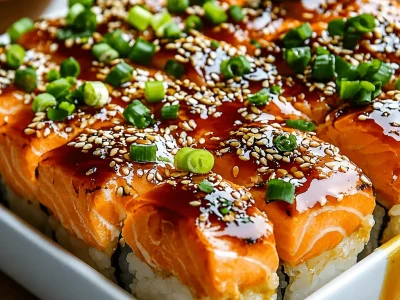 Delicious baked salmon sushi casserole topped with creamy sauce and nori.
