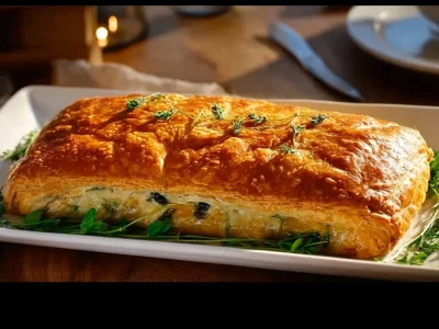 Freshly baked Salmon Wellington dish, a delicious seafood recipe.