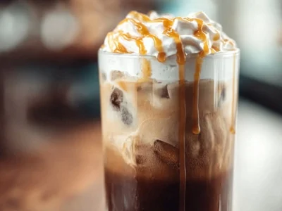 Iced Salted Caramel Cold Brew topped with whipped cream and caramel drizzle