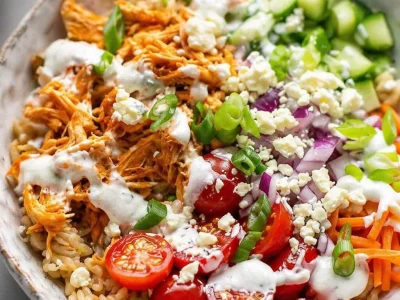 Healthy Buffalo Chicken Rice Bowl topped with creamy ranch dressing and veggies