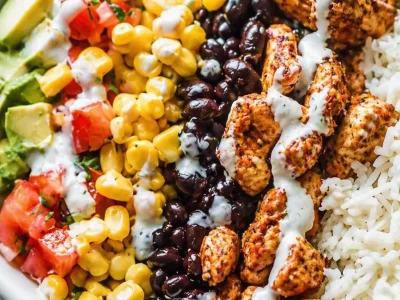 Delicious Chicken Burrito Bowls with cilantro-lime rice and fresh toppings.