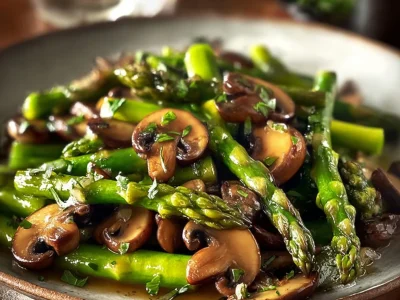 Plate of sautéed asparagus with mushrooms and garlic