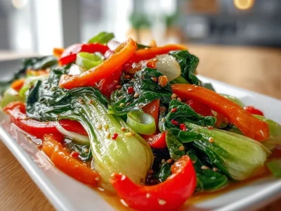 Sautéed bok choy with carrots and peppers on a plate