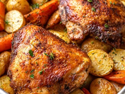 Colorful Chicken Thigh Sheet Pan Dinner with roasted vegetables