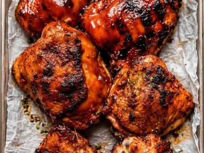 Delicious grilled BBQ chicken coated with homemade barbecue sauce on the grill.
